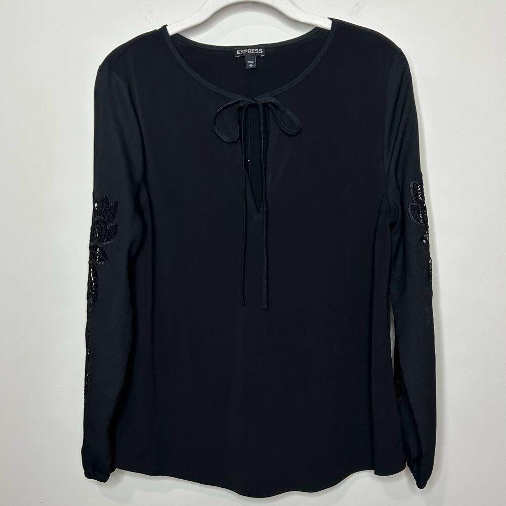 Express Black Shirt Size S Lace Long Sleeves Neck Tie EUC Blouse
